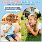 Two kids using video walkie talkies, boy indoors and girl outside in garden.