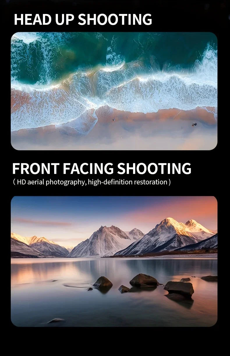 Aerial and front-facing HD photography comparison of a beach and mountain landscape.