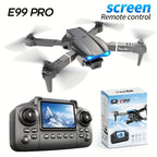 Foldable E99 Pro drone with camera, remote controller with screen, and product packaging