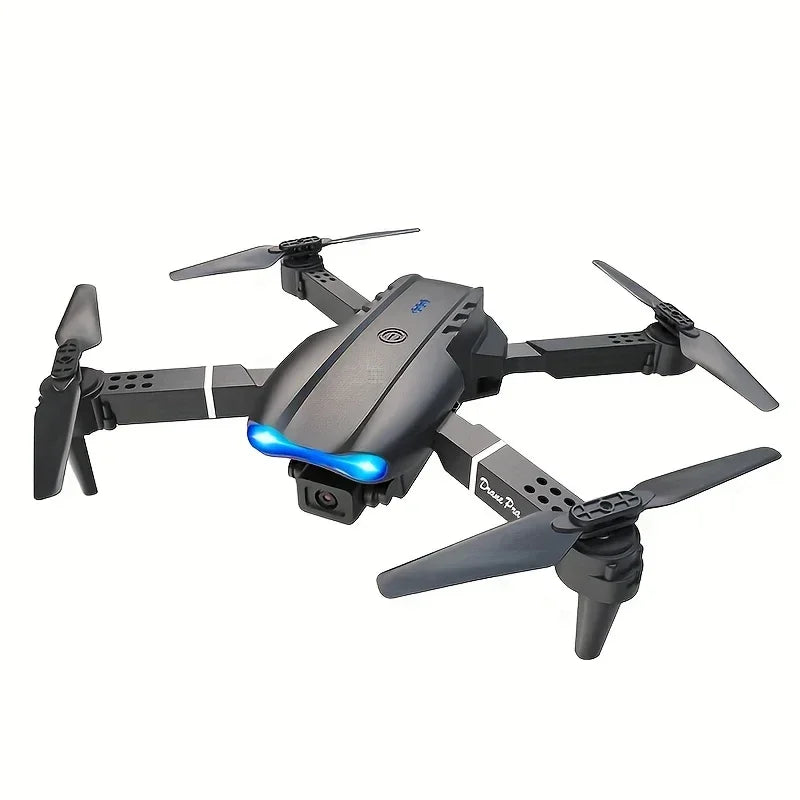 Foldable black drone with camera, four propellers, and blue LED lights on white background