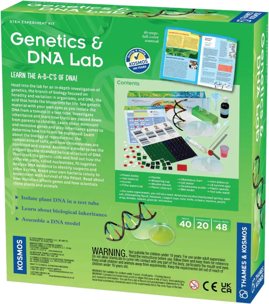 Genetics & DNA Lab STEM kit box showing science experiment tools, DNA model parts, and educational manual.