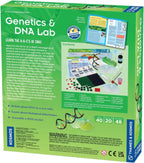 Genetics & DNA Lab STEM kit box showing science experiment tools, DNA model parts, and educational manual.