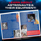 Open educational book page about astronauts and spacesuits, featuring photos of Yuri Gagarin, Alan Shepard, Ed White, and Neil Armstrong, plus rocket and astronaut illustrations.
