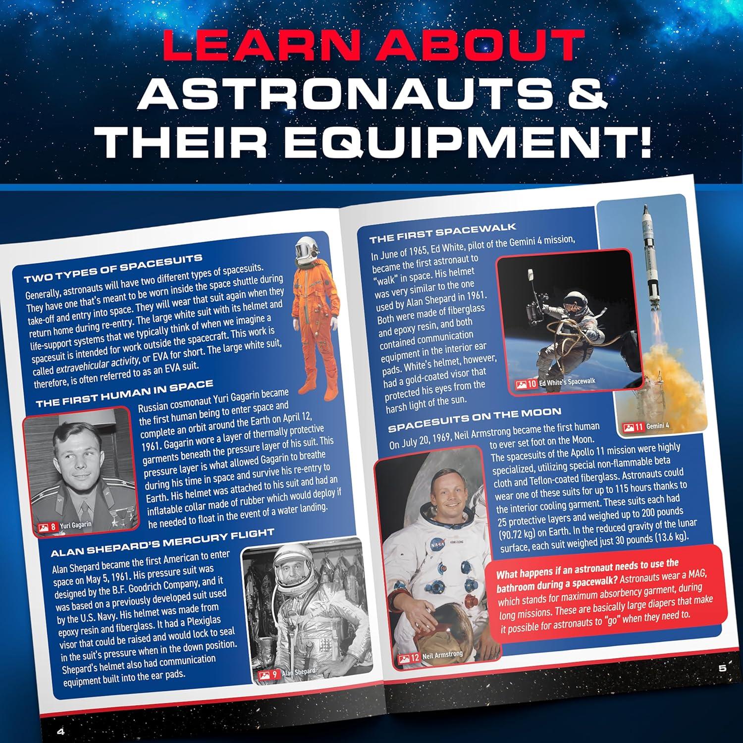 Open educational book page about astronauts and spacesuits, featuring photos of Yuri Gagarin, Alan Shepard, Ed White, and Neil Armstrong, plus rocket and astronaut illustrations.
