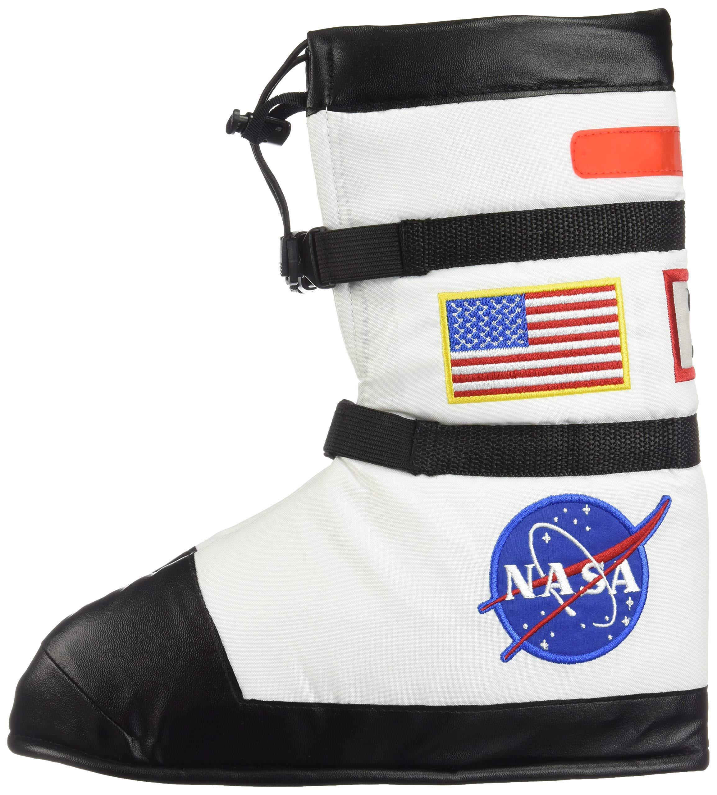 White astronaut costume boot with black sole, NASA logo, and embroidered American flag