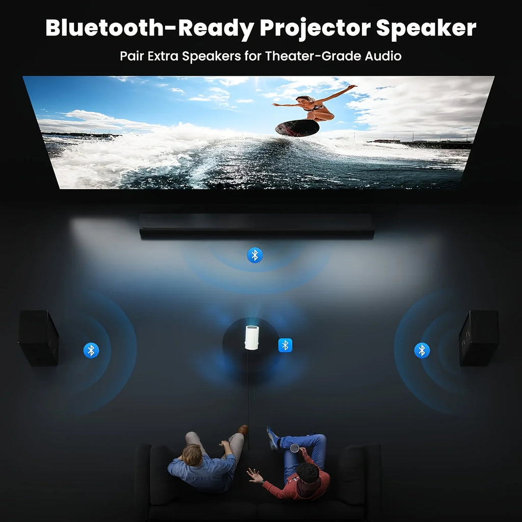 Home theater setup with Bluetooth projector speaker and surround sound, people watching surfing video
