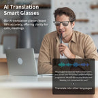 Man wearing AI translation smart glasses at a desk with laptop, demonstrating tech accessory for language translation in meetings.
