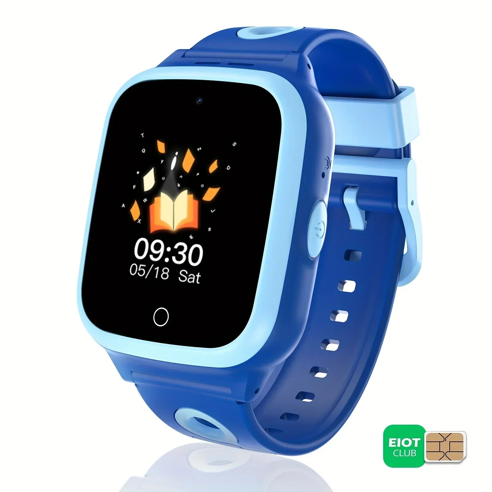 Blue kids' smartwatch with SIM card, camera, touchscreen, and educational display