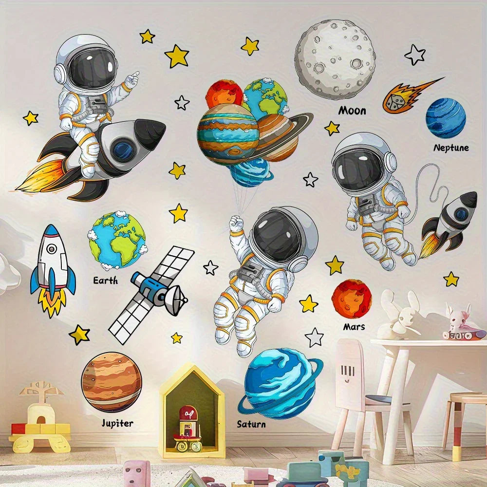 Kids room wall decals with cartoon astronauts, planets, stars, rocket ships, and labeled solar system decor for educational play.