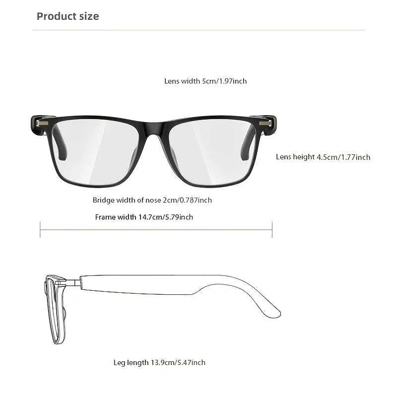 Black rectangular eyeglasses with measurements labeled for lens, bridge, frame, and leg size.