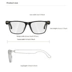 Black rectangular eyeglasses with measurements labeled for lens, bridge, frame, and leg size.