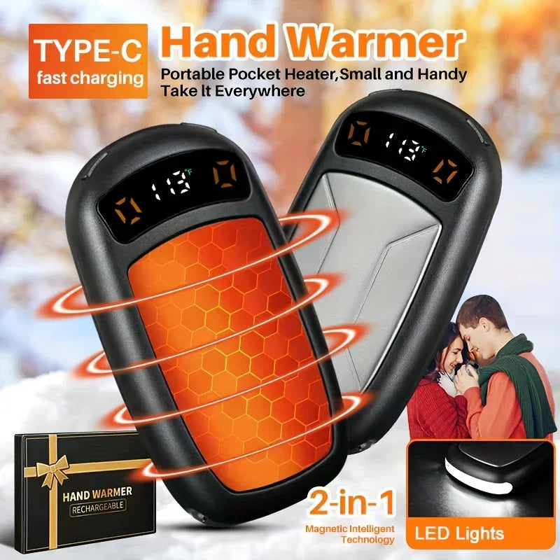 Rechargeable Type-C hand warmer with LED display, portable pocket heater, 2-in-1 heater and light.