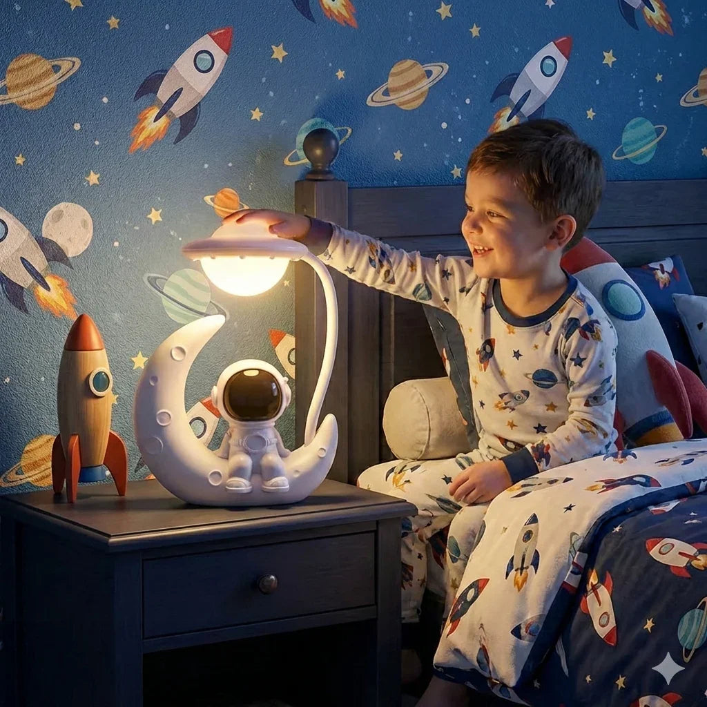 Young boy in rocket pajamas smiles at astronaut and moon night light in space-themed bedroom
