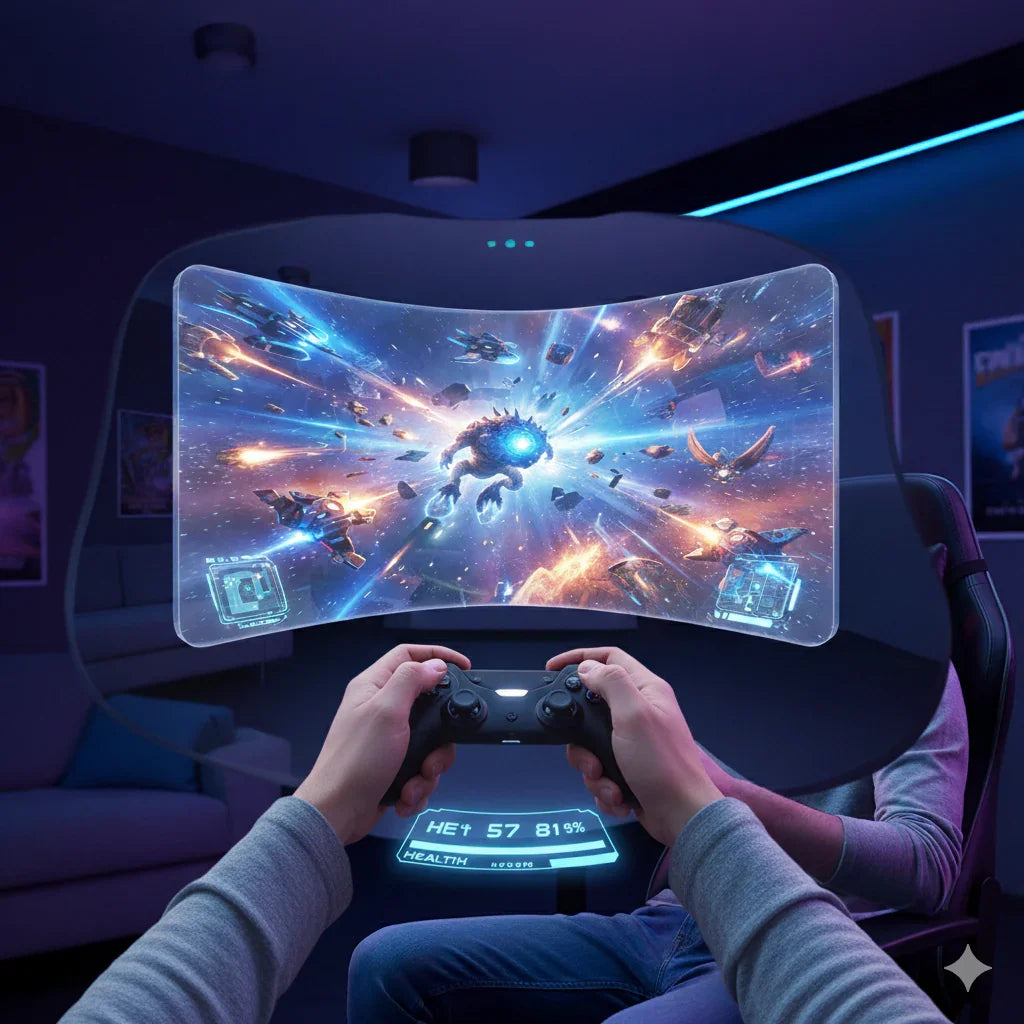Futuristic gaming setup with immersive curved screen, space battle scene, and game controller.
