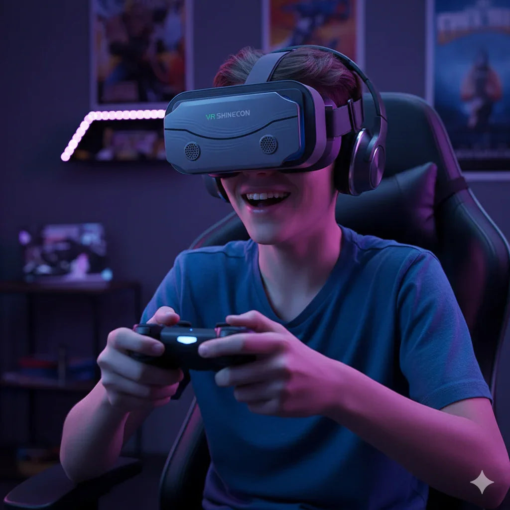 Smiling teen using VR headset, headphones, and gaming controller in a tech room.