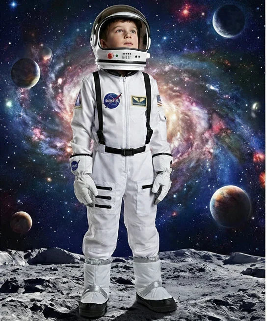 Child in astronaut costume standing on moon with galaxy and planets in the background