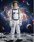Child in astronaut costume standing on moon with galaxy and planets in the background