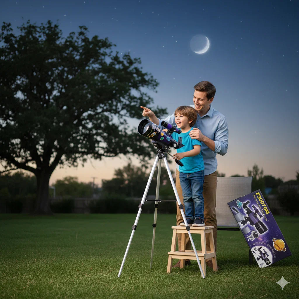 Child and adult stargazing with telescope in park at night, telescope kit box nearby