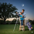 Child and adult stargazing with telescope in park at night, telescope kit box nearby