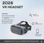 2026 VR headset featuring 4K ultra-clear lenses, adjustable fit, smartphone slot, and 360° viewing angle.