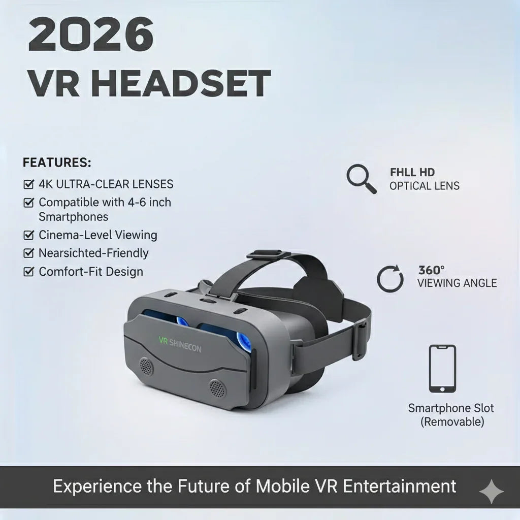 2026 VR headset featuring 4K ultra-clear lenses, adjustable fit, smartphone slot, and 360° viewing angle.