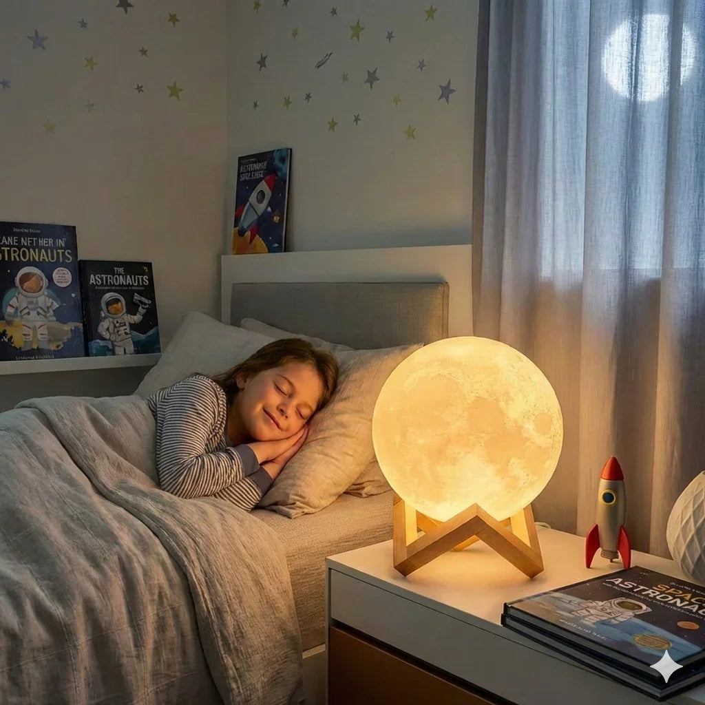 Child sleeping in cozy bedroom with large moon night light, space-themed decor, and books