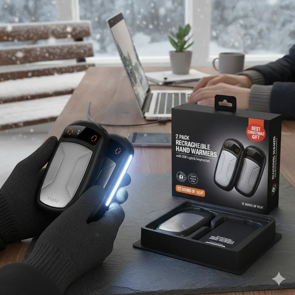 Rechargeable hand warmers with LED light, packaging and device shown indoors on winter day.
