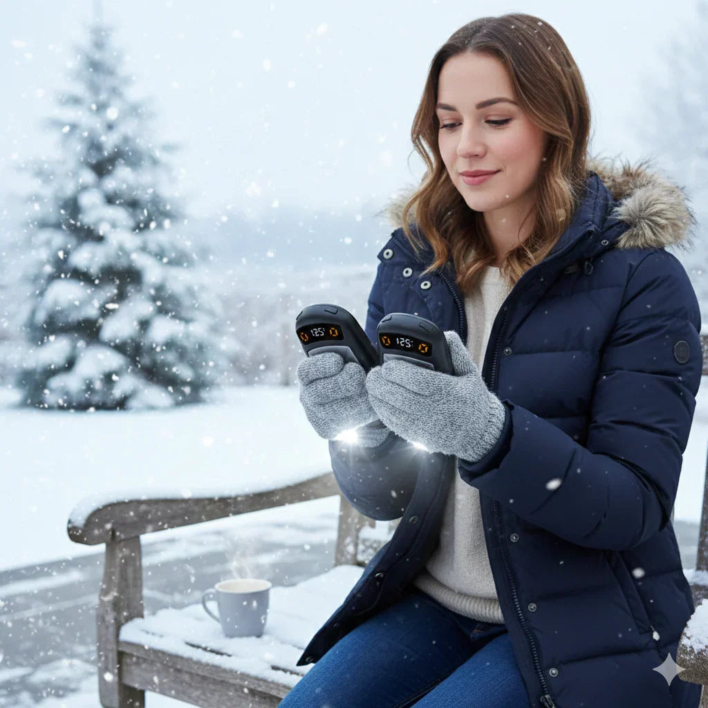 Woman in winter coat and gloves holding digital hand warmers in snowy outdoor setting