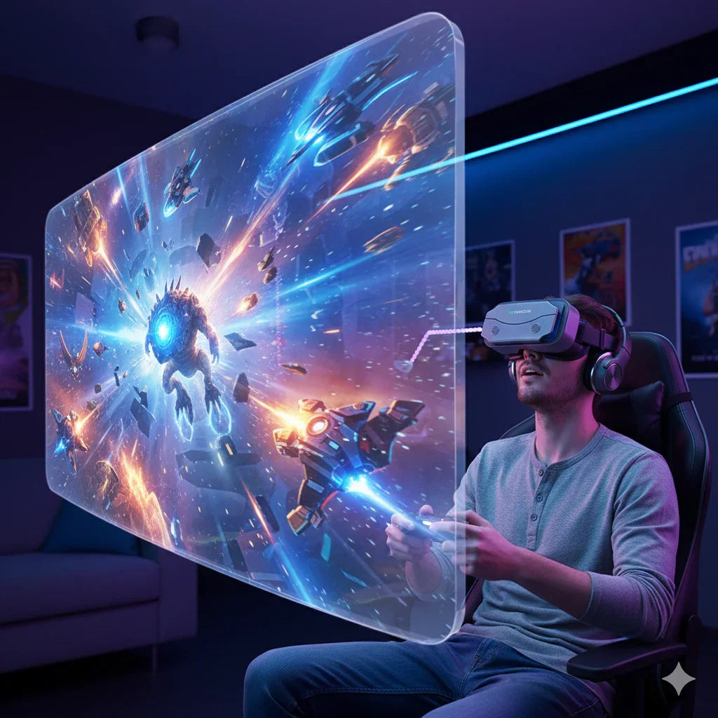 Man gaming with VR headset, immersed in futuristic space battle simulation at home