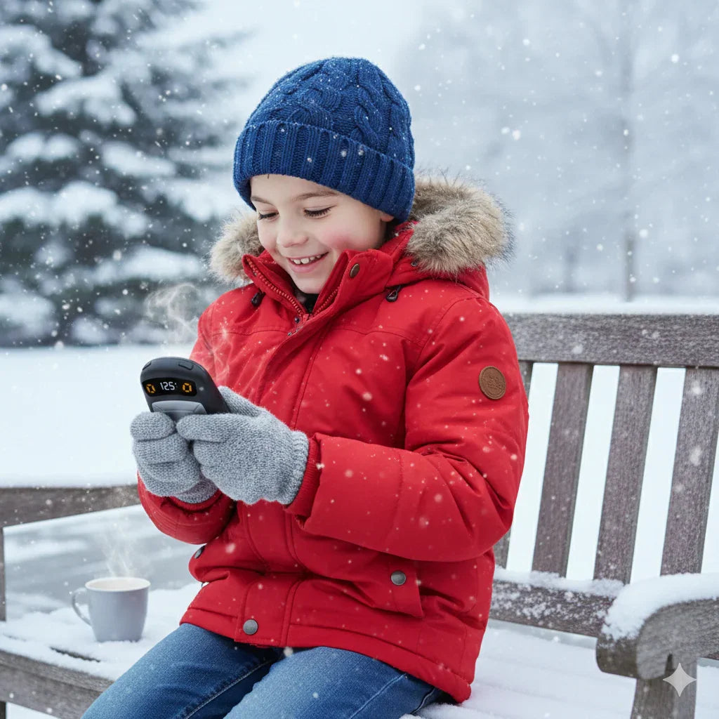 Smiling child in red winter coat using a handheld gadget on a snowy outdoor bench