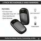 2-pack rechargeable hand warmers with digital display, dual-sided heat, and power bank feature.