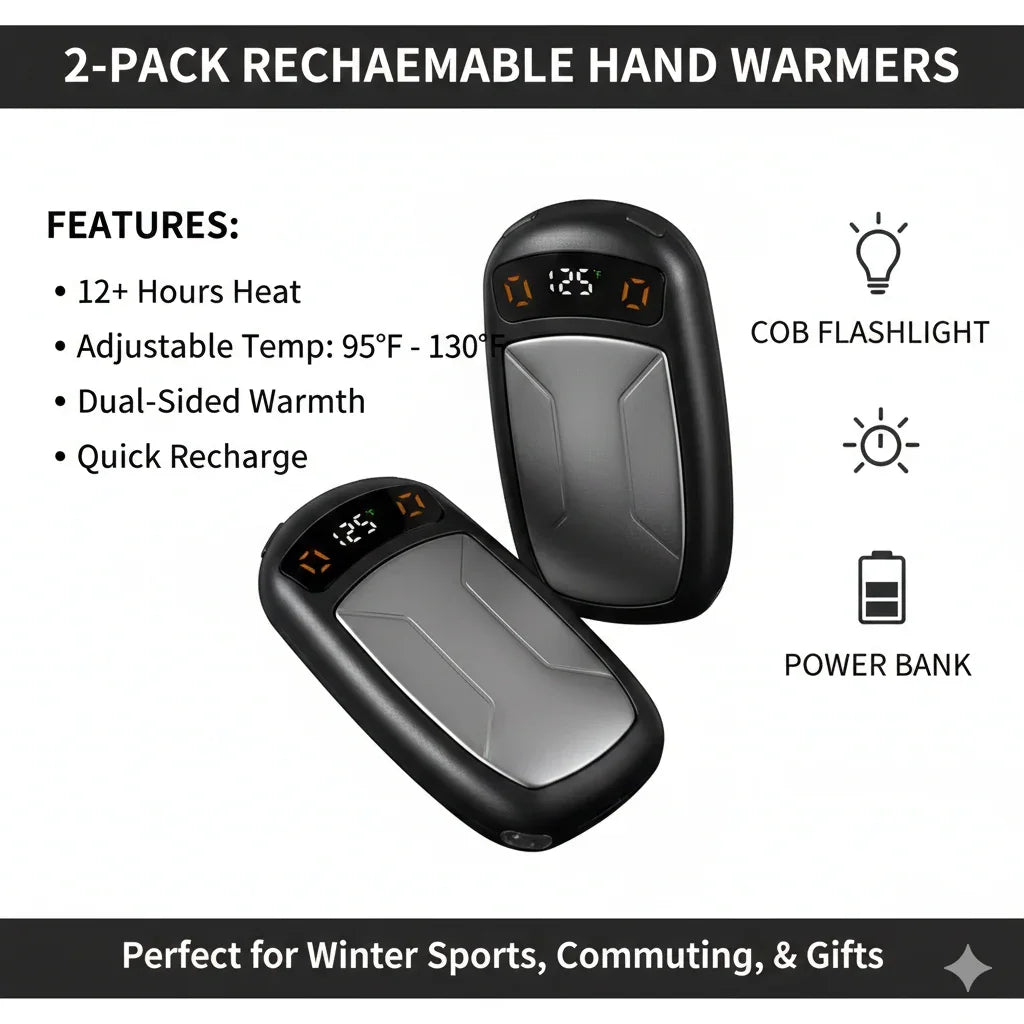 2-pack rechargeable hand warmers with digital display, dual-sided heat, and power bank feature.