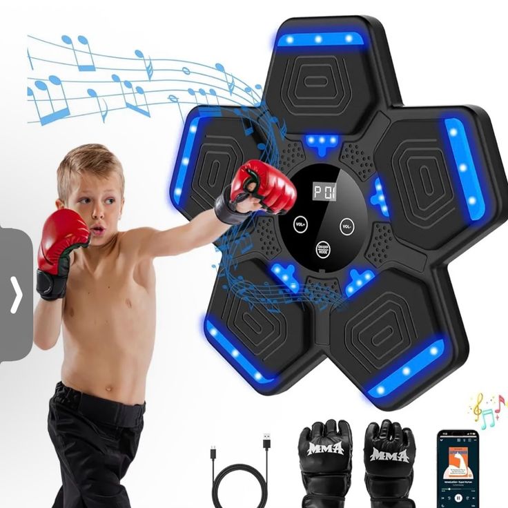 Kid boxing with interactive black and blue punching pad for kids, gloves, USB cable, music notes