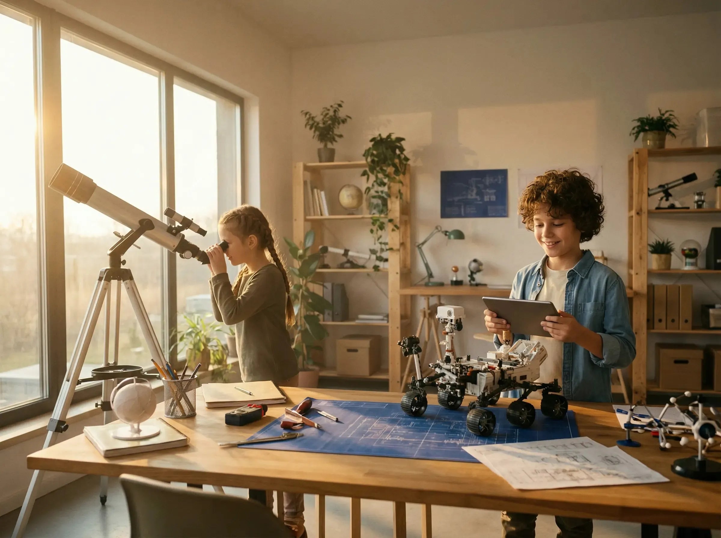 Kids exploring STEM in a science lab with a telescope, robotics kit, and tablet