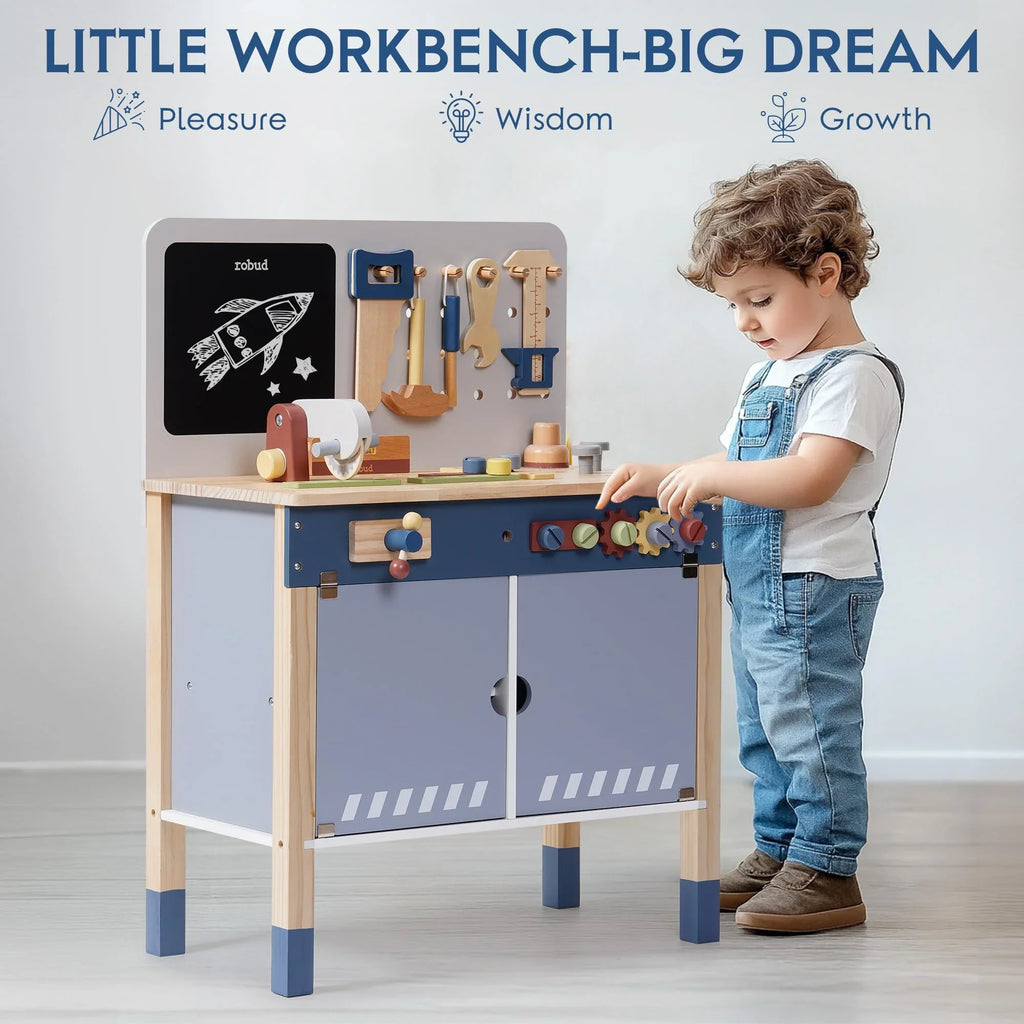 Toddler playing with wooden toy workbench set featuring tools, gears, and learning activities.