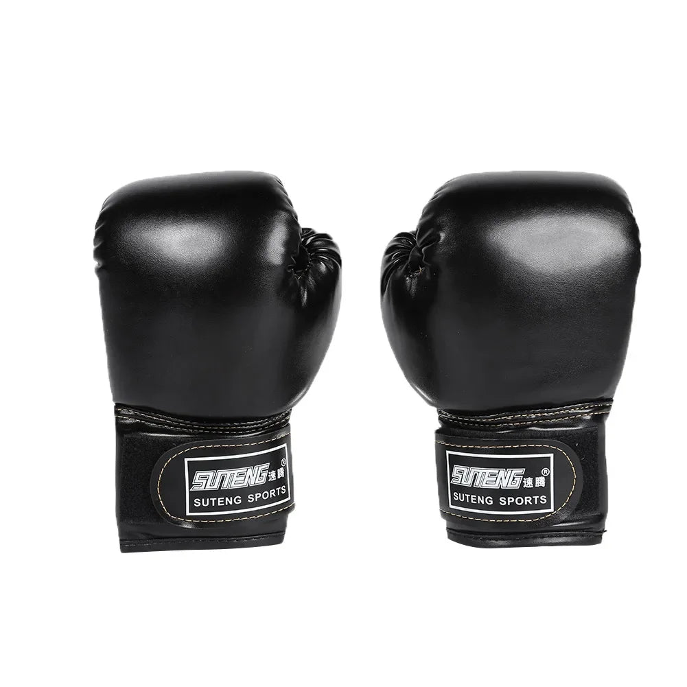 Pair of black suteng sports boxing gloves with velcro wrist straps on white background