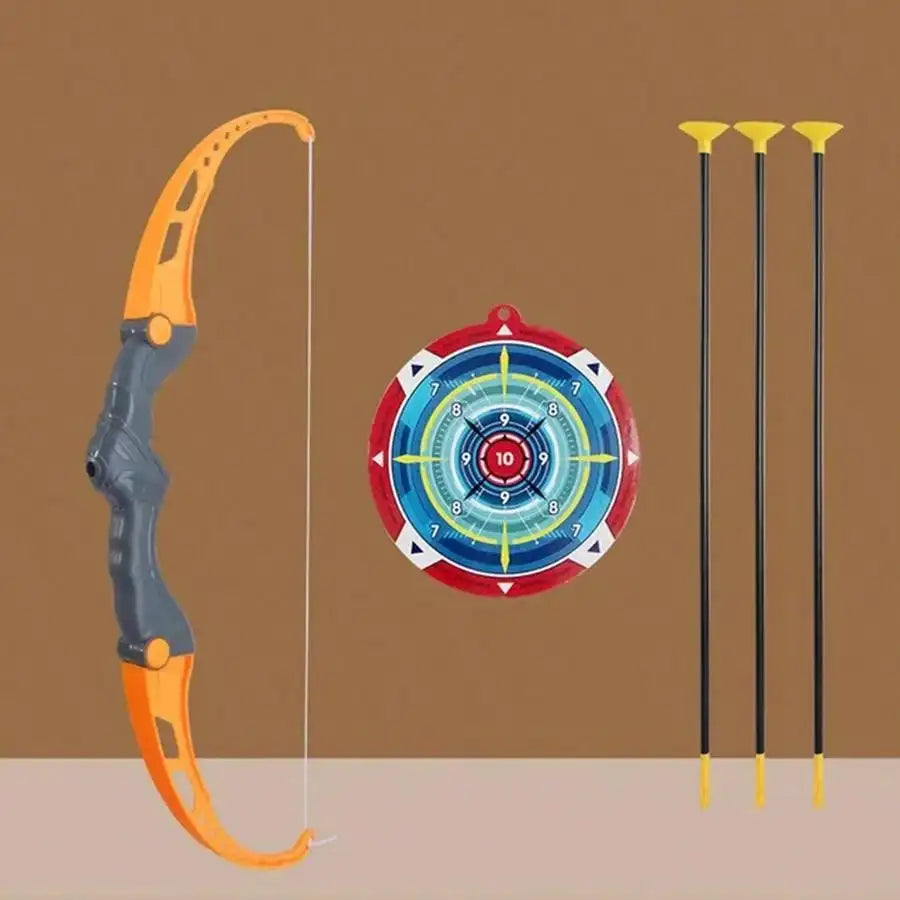 Toy archery set with orange bow, suction cup arrows, and colorful target board.