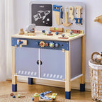 Wooden kids tool bench with toy tools, gears, and chalkboard, educational playset in room