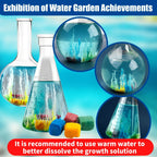 Colorful crystal growing experiment kit in lab flasks with water garden display, growth cubes visible.