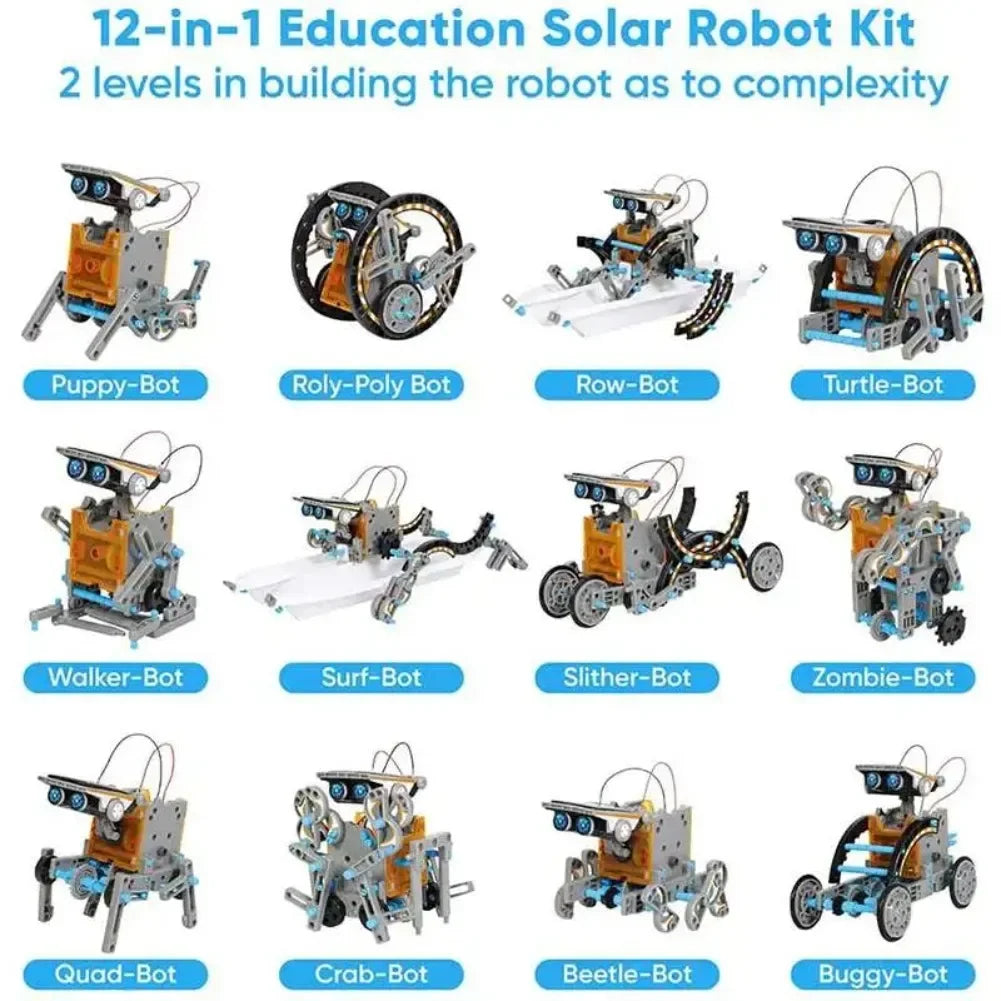 12-in-1 education solar robot kit showing various buildable STEM robot toy models for kids.
