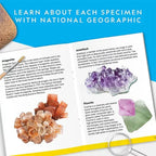 Open educational book page with photos and facts about aragonite, amethyst, and fluorite minerals