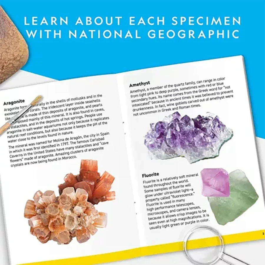 Open educational book page with photos and facts about aragonite, amethyst, and fluorite minerals