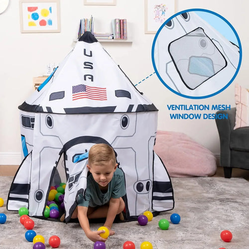 Child playing in a rocket ship play tent with ventilation mesh window, surrounded by colorful balls