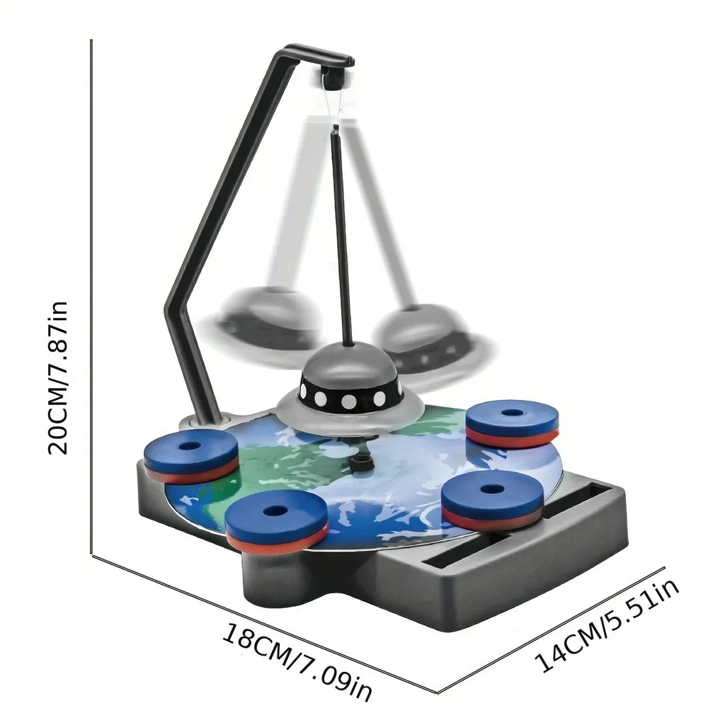 Rekotech desktop pendulum science toy with spinning UFO, educational gadget, dimensions labeled