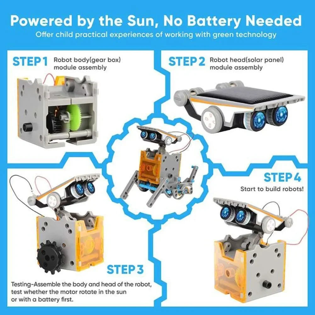 Solar powered robot assembly steps, STEM educational toy kit for kids, no batteries needed.
