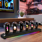 Modern desktop gadget with digital Nixie tube display, RGB lights, and ice cream icons