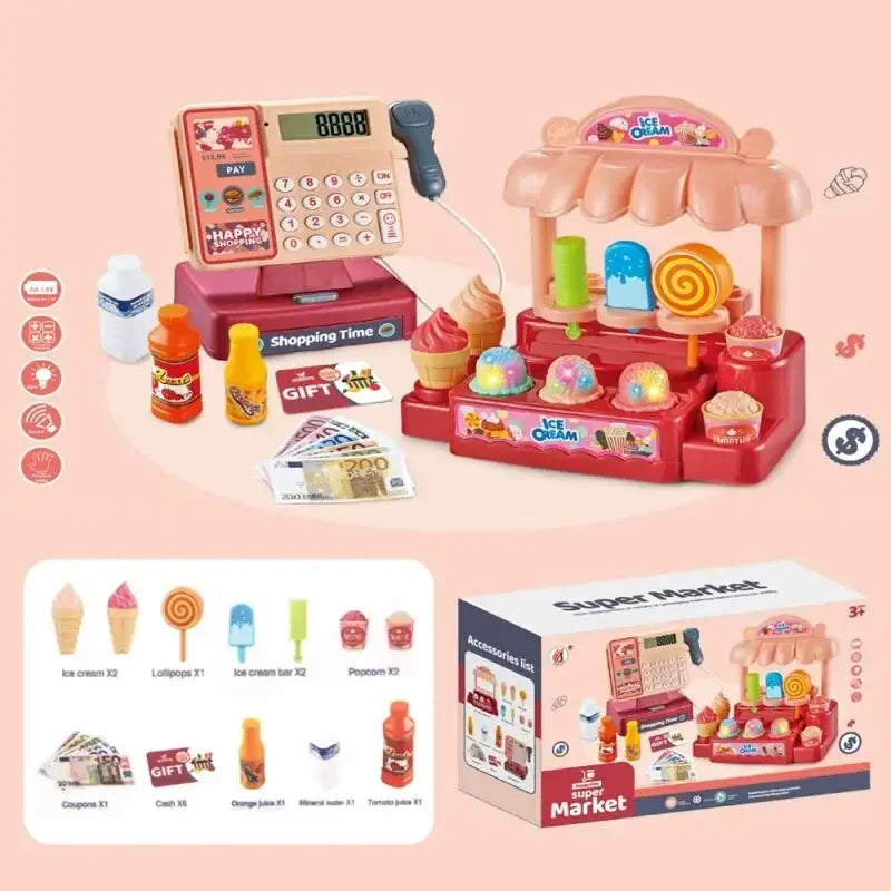 Kids toy ice cream shop playset with cash register, play money, juice bottles, and display stand.