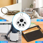 Paw-shaped Bluetooth tracker for keys, pets, suitcase, and wallet on display.