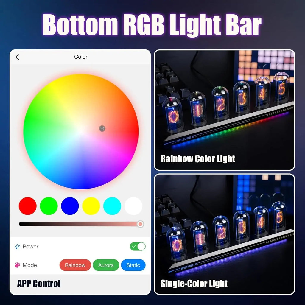 RGB light bar with app control, showing customizable rainbow and single-color LED lighting effects under digital tube clock.