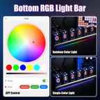 RGB light bar with app control, showing customizable rainbow and single-color LED lighting effects under digital tube clock.